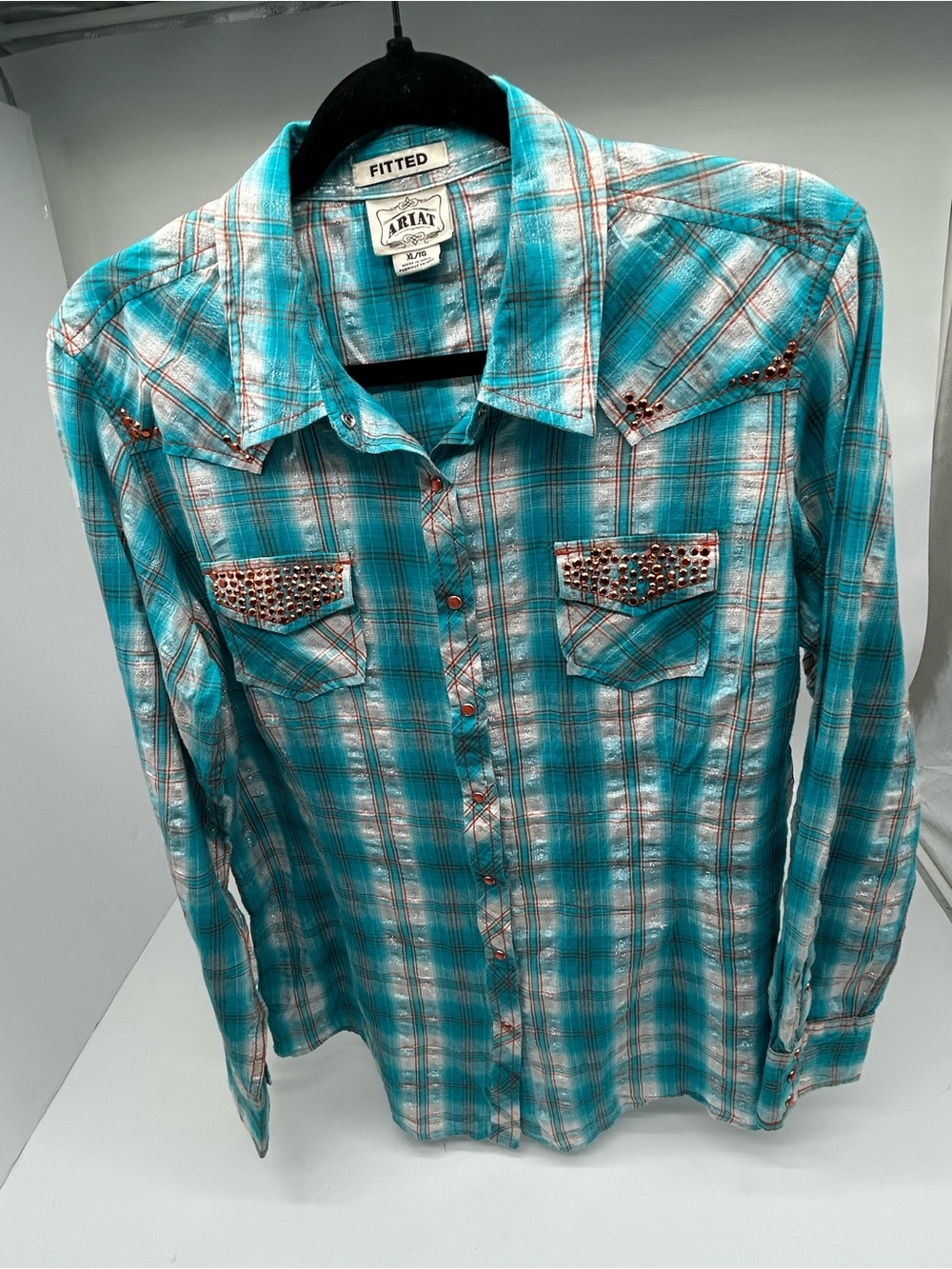Ariat Women’s Fitted Teal Plaid Western Button-Down Shirt with Stud Accents XL